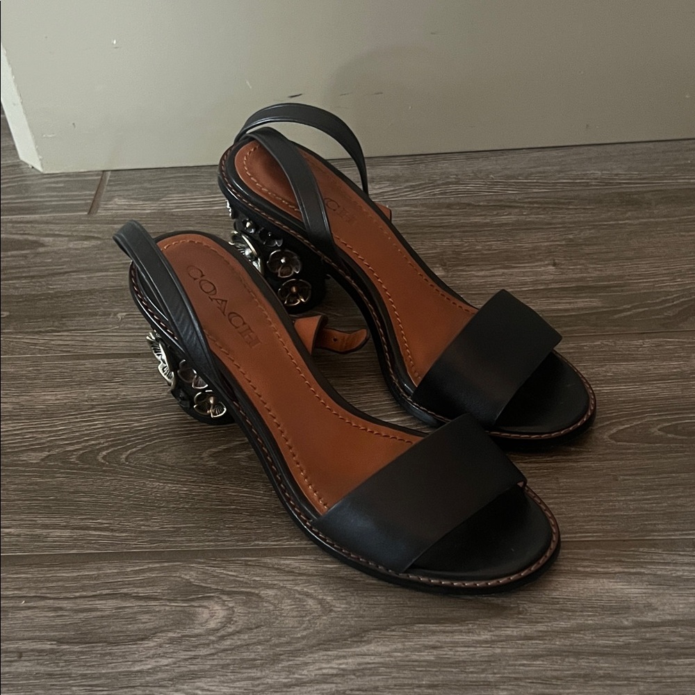 Coach Black Heeled Sandals with Silver Accents